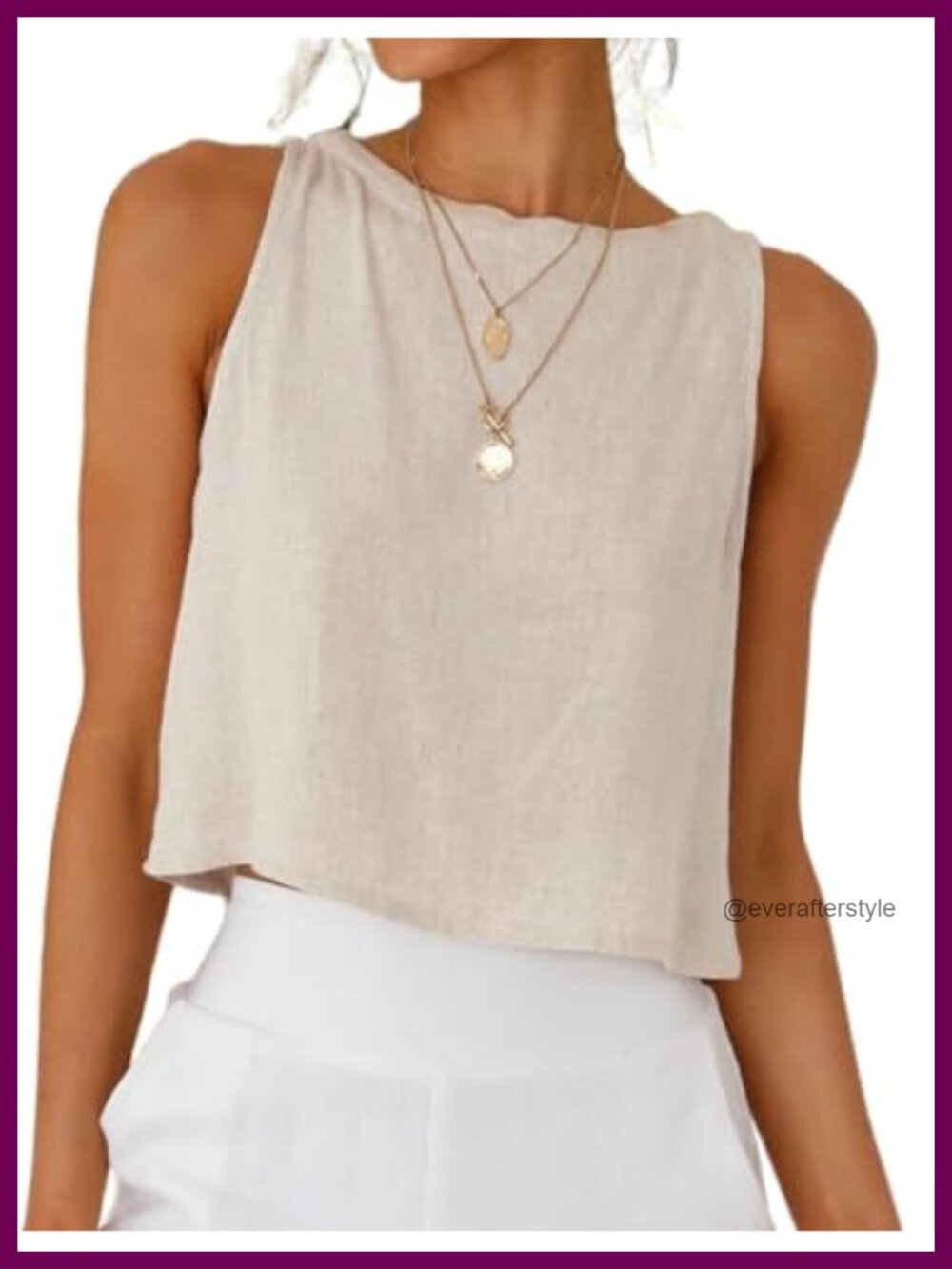 Womens Linen Blend Crop Tank Top Sleeveless High Neck Casual Summer